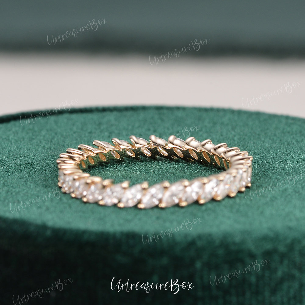 Marquise Eternity Ring Moissanite Wedding Band Women Yellow Gold Unique ...