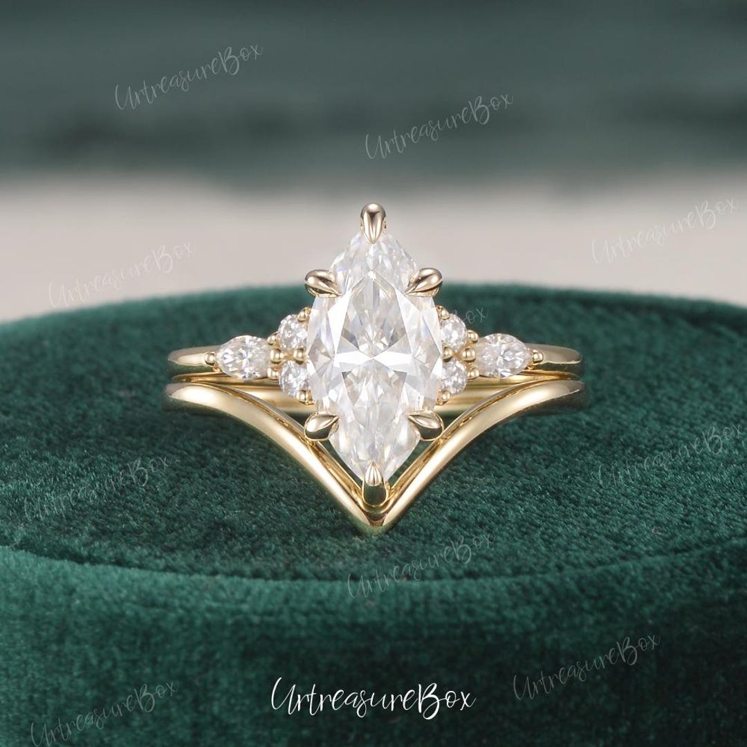 2ct Marquise Cut Moissanite Engagement Ring Set Yellow Gold Women ...