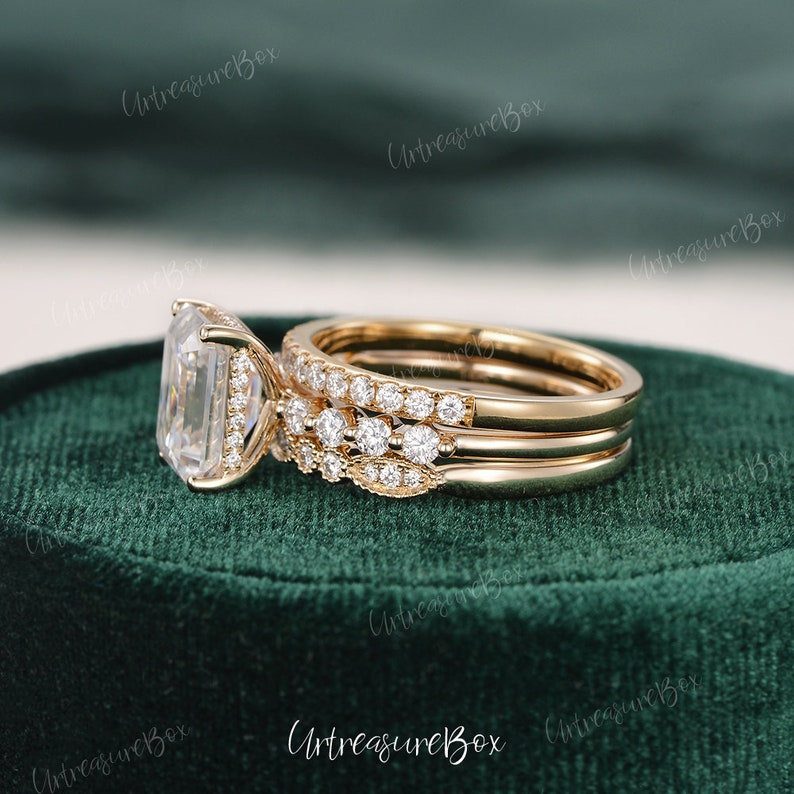 Emerald Cut Moissanite Engagement Ring Set 14K Yellow Gold Bridal Set Art Deco Hidden Halo Wedding Ring Vintage Stacking Rings Anniversary image 3