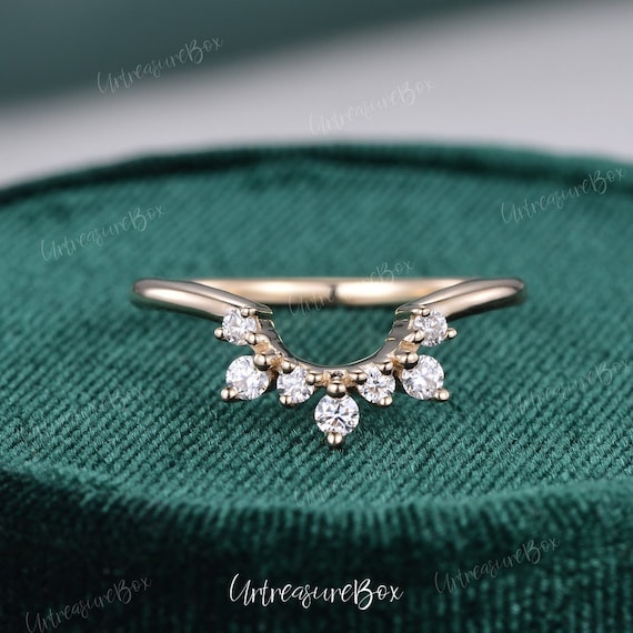 Moissanite Curved Wedding Band Women Leaf and Floral Wedding Band