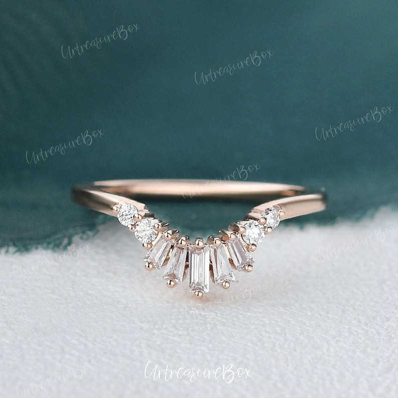 Baguette Curved Wedding Band Rose Gold Wedding Band Women Etsy