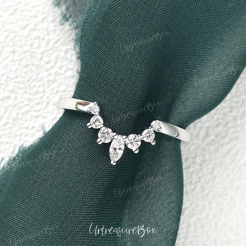 Wedding Band White Gold Moissanite Marquise Curved Wedding Band Women Diamond Wedding Band Matching Ring Stacking Ring Anniversary Gift