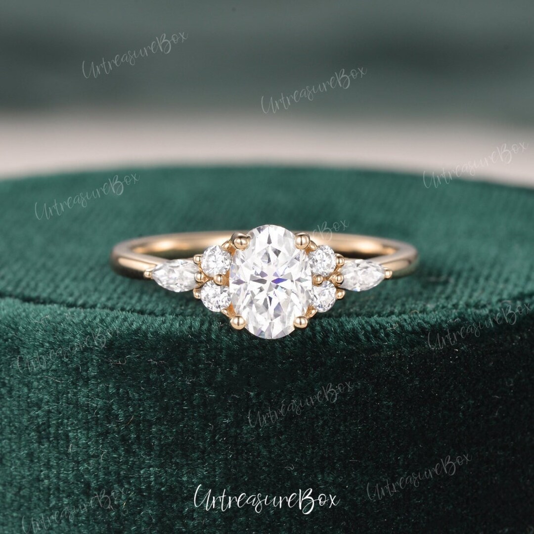 Oval Moissanite Engagement Ring Vintage Unique Cluster Rose Gold