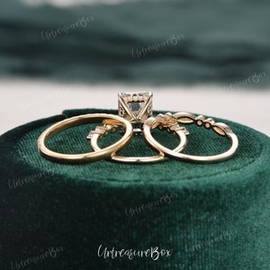 Emerald Cut Moissanite Engagement Ring Set 14K Yellow Gold Bridal Set Art Deco Hidden Halo Wedding Ring Vintage Stacking Rings Anniversary image 7