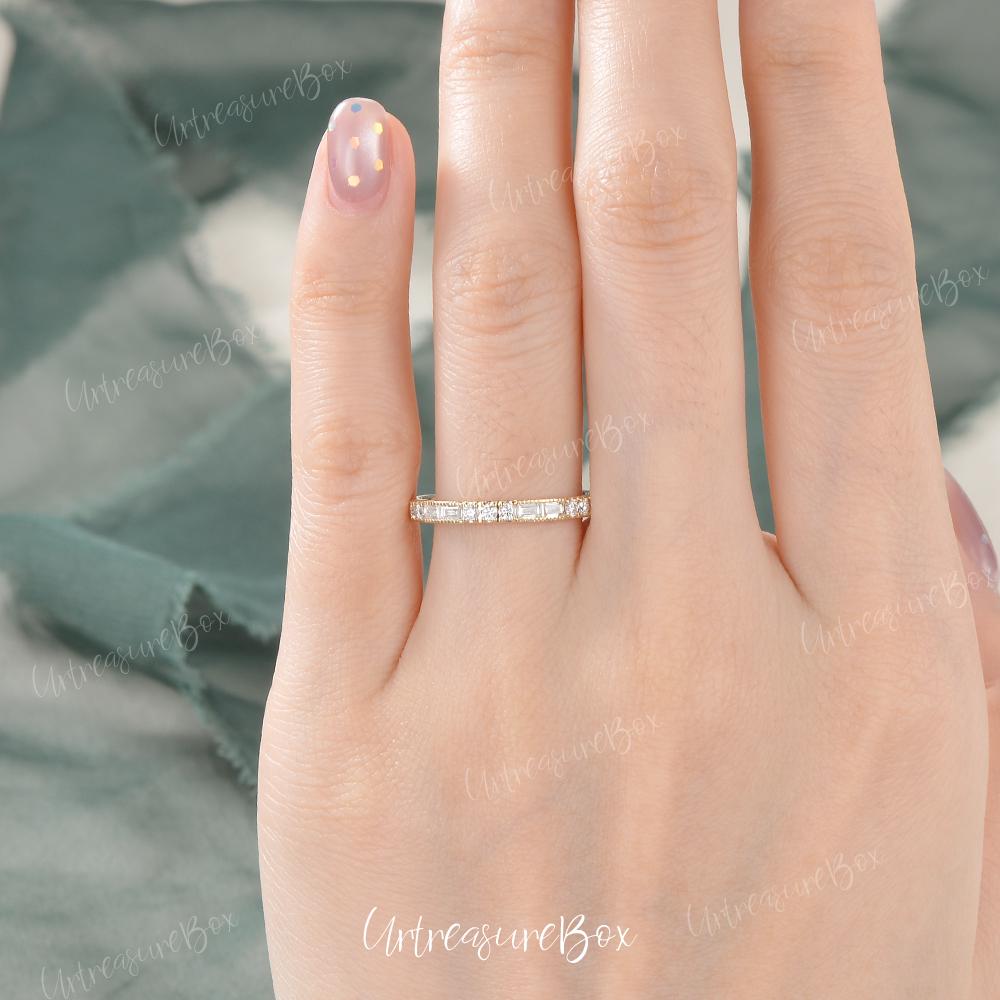 Baguette and Round Cut Moissanite Wedding Band Women Yellow Gold Art ...
