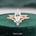 Marquise Cut Moissanite Engagement Ring Set Yellow Gold Marquise Bridal Set Vintage Marquise Moissanite Solitaire Ring Curved Wedding Band