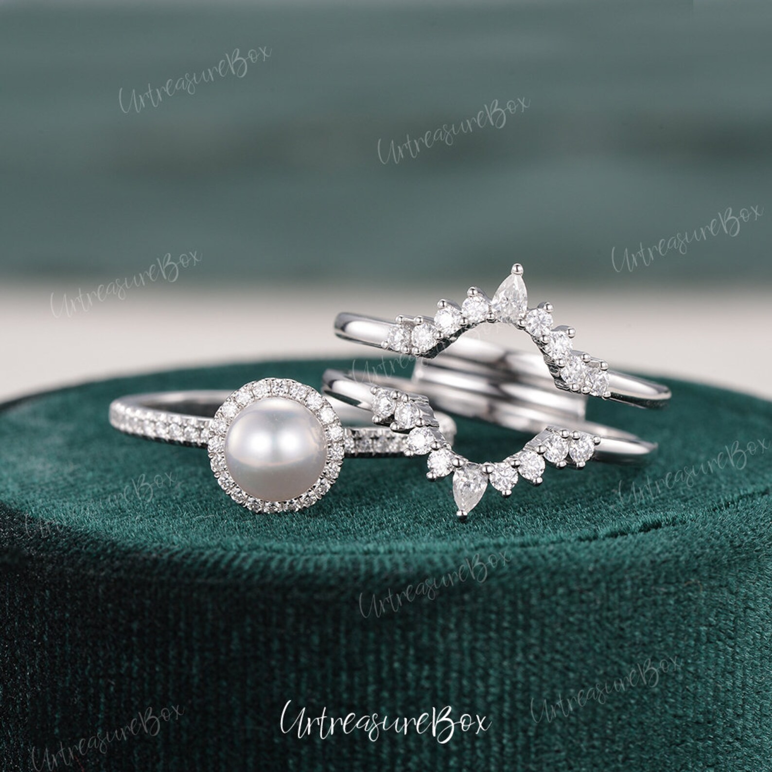 Natural Akoya Pearl Bridal Set Vintage Pearl Wedding Ring Set White Natural Akoya Pearl Bridal Set Vintage Pearl Wedding Ring Set White