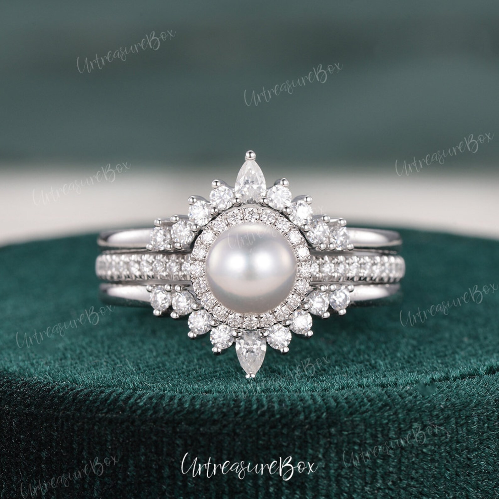 Natural Akoya Pearl Bridal Set Vintage Pearl Wedding Ring Set White Natural Akoya Pearl Bridal Set Vintage Pearl Wedding Ring Set White