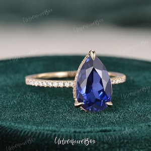 Pear Shaped Sapphire Engagement Ring Women Yellow Gold Hidden Halo Engagement Ring Pear Sapphire Ring Classic Ring Solitaire Promise Ring