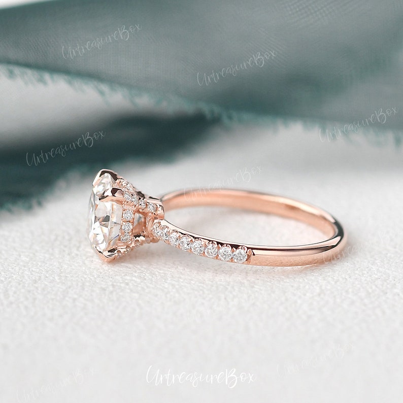 1ct Lab Grown Diamond Engagement Ring Rose Gold Women Lab Grown Diamond Wedding Ring Claw Prongs Hidden Halo Solitaire Ring Promise For Her image 7