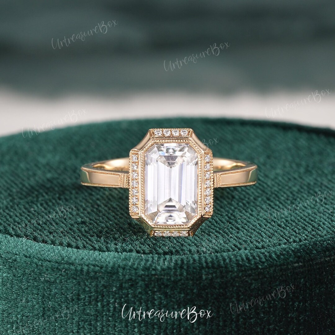 Art Deco Moissanite Engagement Ring Emerald Cut Yellow Gold Milgrrain ...