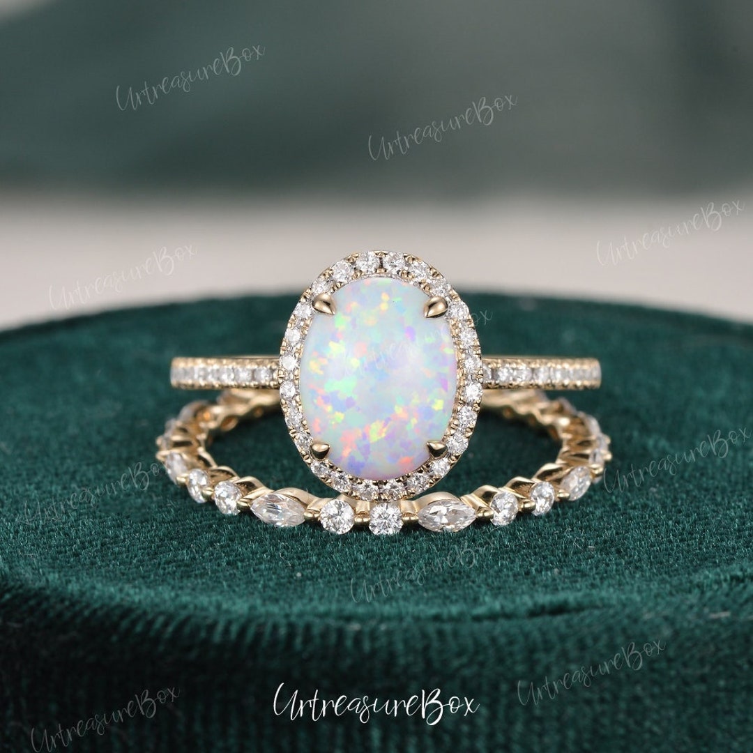 Matching Opsite Rings 7*9mm Oval Cut Opal Engagement Ring Set Rose Gold Lab White Opal ...