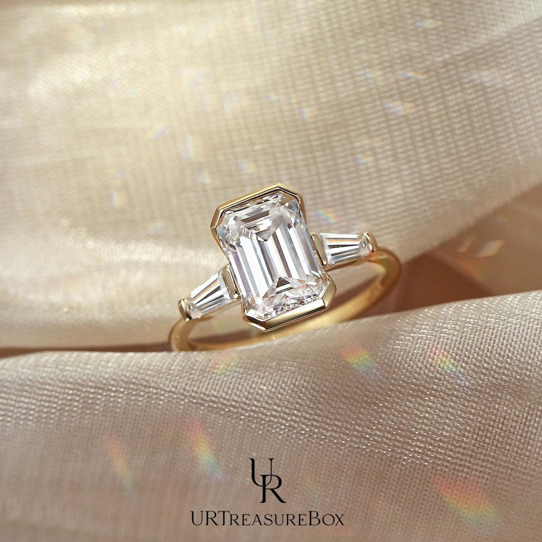 Elongated 3ct Emerald Cut Lab Grown Diamond Engagement Ring Yellow Gold ...