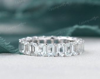 Emerald Cut Aquamarine Wedding Band Women Solid 18K White Gold Aquamarine Stacking Ring Matching Ring Eternity Promise Ring Anniversary