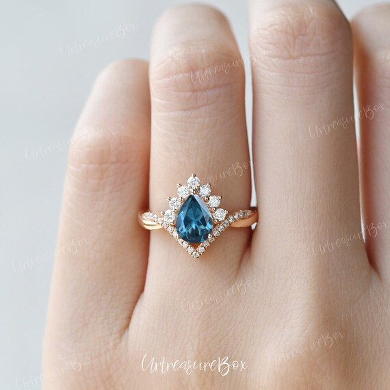 London Blue Topaz Engagement Ring Rose Gold Pear Shaped Topaz