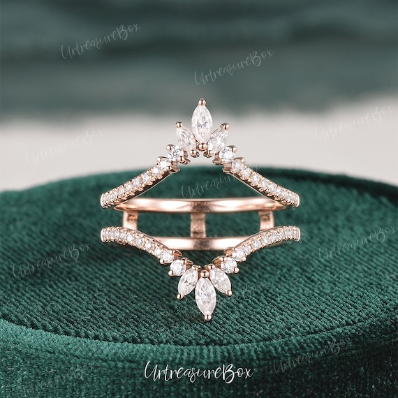 Marquise emerald curved wedding band vintage authentic Rose gold wedding band moissanite diamond Stacking band promise anniversary ring gift for her