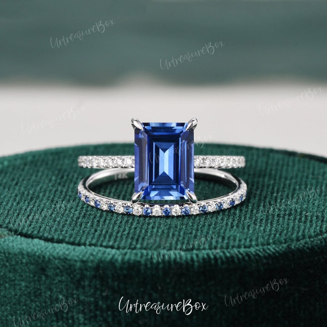【サファイア】ラボグロウン・エメラルドカットリング 2.5CT エメラルドカット サファイア エンゲージリングセット 隠し