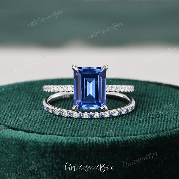 【サファイア】ラボグロウン・エメラルドカットリング 2.5CT エメラルドカット サファイア エンゲージリングセット 隠し