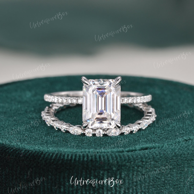 2.5ct Hidden Halo Emerald Cut Engagement Ring Set Women | Etsy