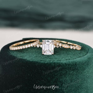 Emerald Cut Moissanite Engagement Ring Set 14K Yellow Gold Bridal Set Art Deco Hidden Halo Wedding Ring Vintage Stacking Rings Anniversary image 2