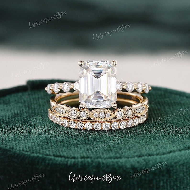 Emerald Cut Moissanite Engagement Ring Set 14K Yellow Gold Bridal Set Art Deco Hidden Halo Wedding Ring Vintage Stacking Rings Anniversary image 1