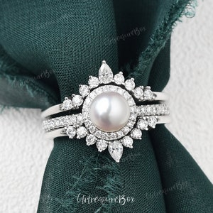 Natürliche Akoya Perle Braut Set Vintage Perle Ehering Set Weißgold Perle Ring Set Moissanite Heiligenschein Ring Art Deco Doppelbänder Versprechen