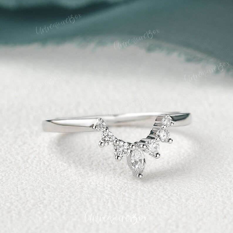 Wedding Band White Gold Moissanite Marquise Curved Wedding Band Women Diamond Wedding Band Matching Ring Stacking Ring Anniversary Gift