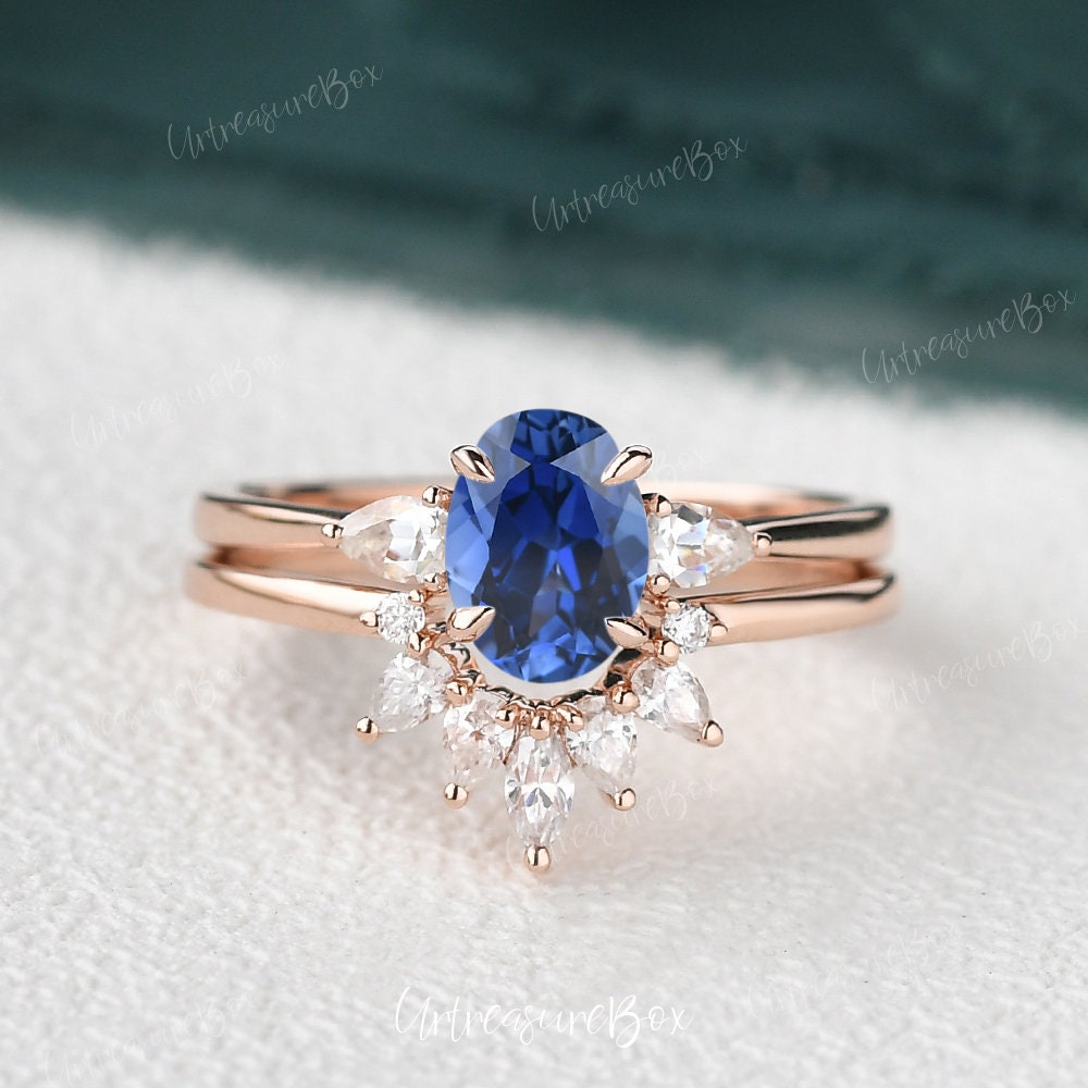 Oval Lab Sapphire Bridal Set Sapphire Engagement Ring Set Rose | Etsy