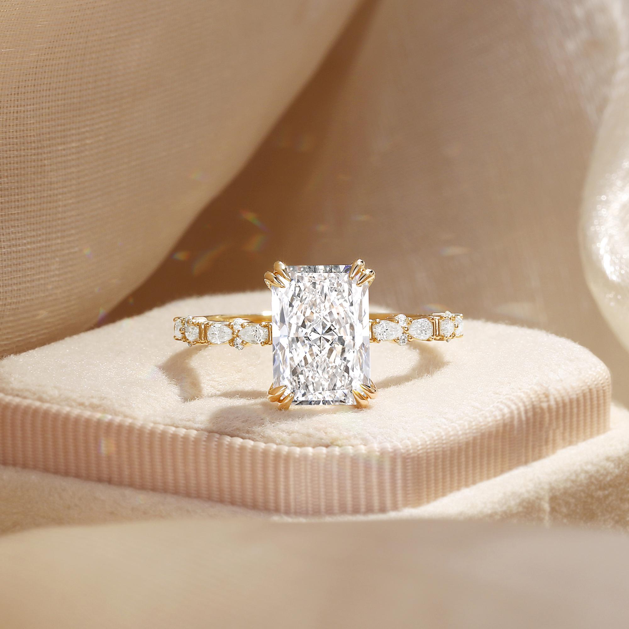 3CT Radiant Cut Lab Grown Diamond Engagement Ring Yellow Gold Unique Cluster Marquise Diamond Band IGI Certified Diamond Wedding Ring Women