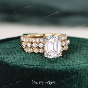 Emerald Cut Moissanite Engagement Ring Set 14K Yellow Gold Bridal Set Art Deco Hidden Halo Wedding Ring Vintage Stacking Rings Anniversary image 9
