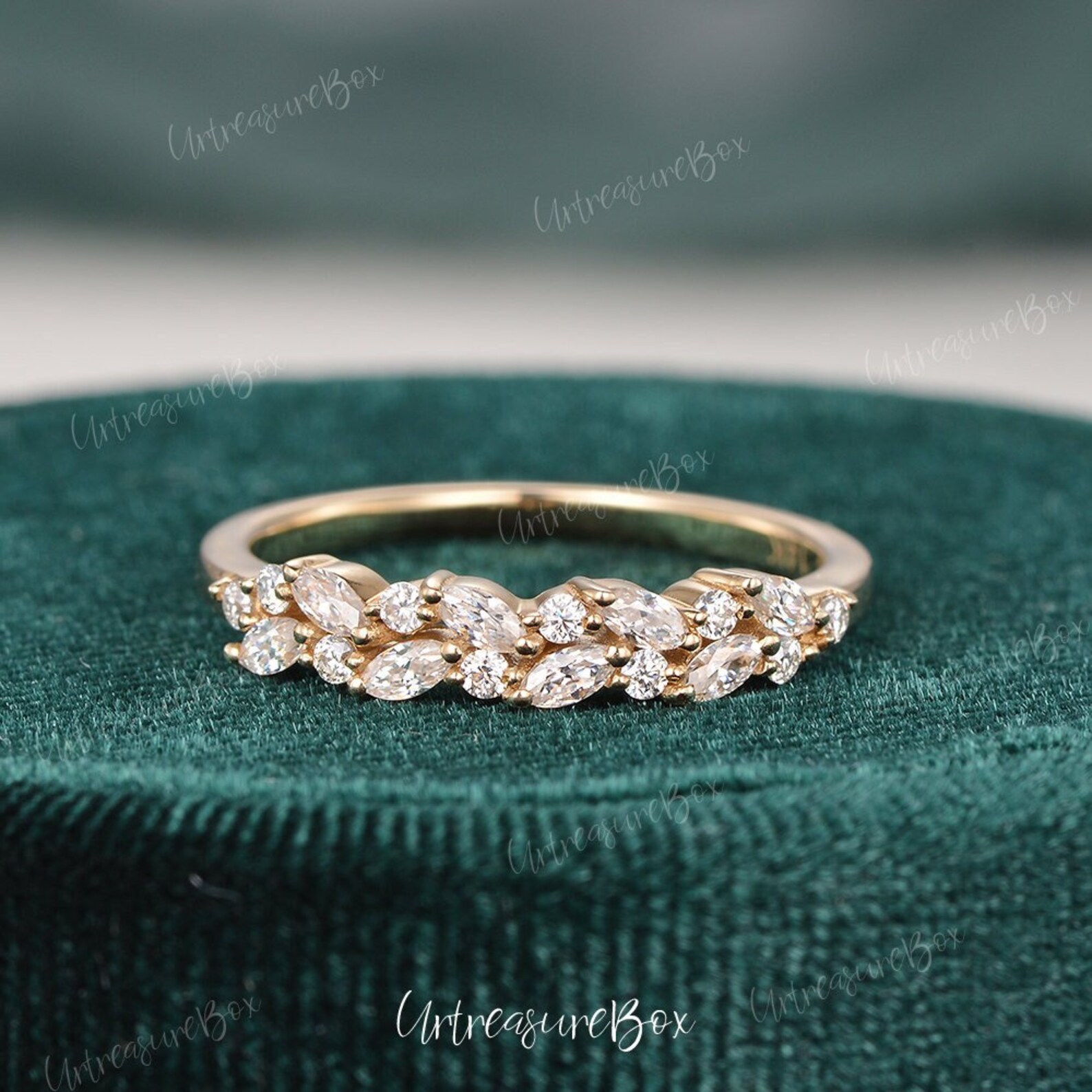 Vine Wedding Band Women Yellow Gold Marquise Diamond / Moissanite Vine Wedding Band Women Yellow Gold Marquise Diamond / Moissanite