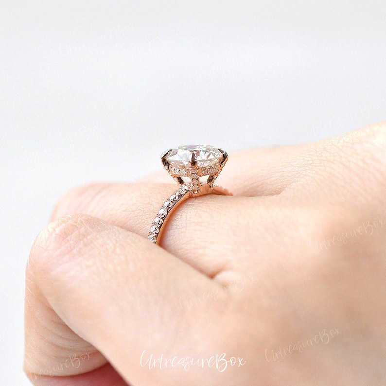 1ct Lab Grown Diamond Engagement Ring Rose Gold Women Lab Grown Diamond Wedding Ring Claw Prongs Hidden Halo Solitaire Ring Promise For Her image 1