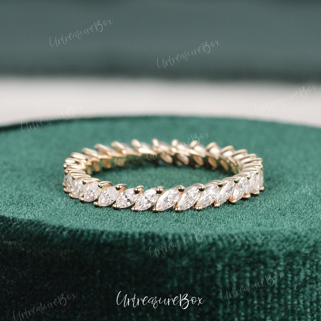 Marquise Eternity Ring Moissanite Wedding Band Women Yellow Gold Unique ...