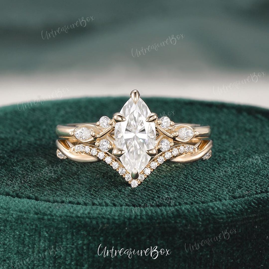 Unique Marquise Cut Moissanite Engagement Ring Set Yellow Gold Unique ...