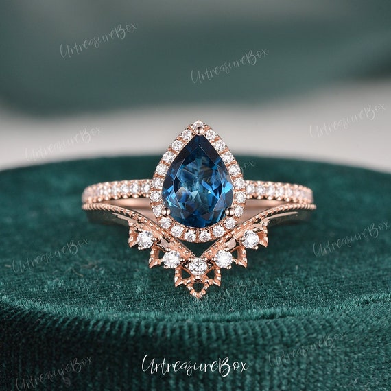 London Blue Topaz Bridal Set 2pcs Art Deco Pear Shaped Engagement