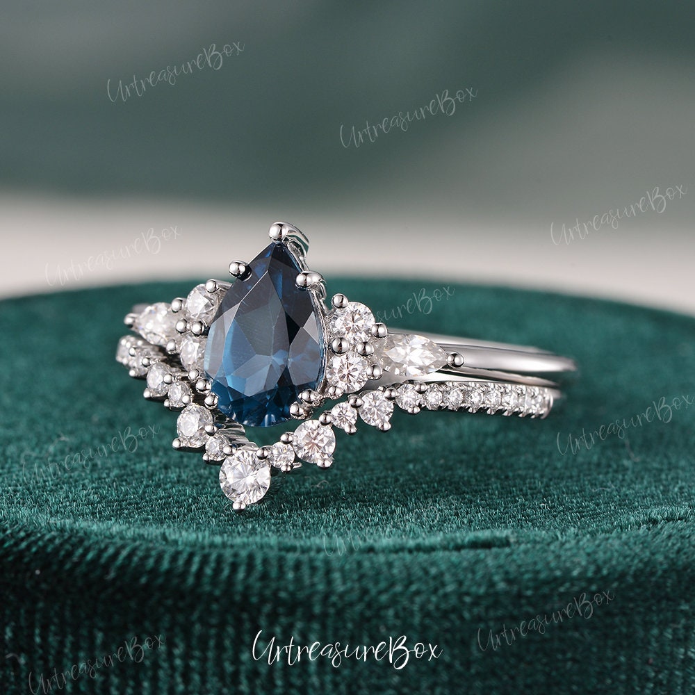 London Blue Engagement Ring Set White Gold Cluster Pear -