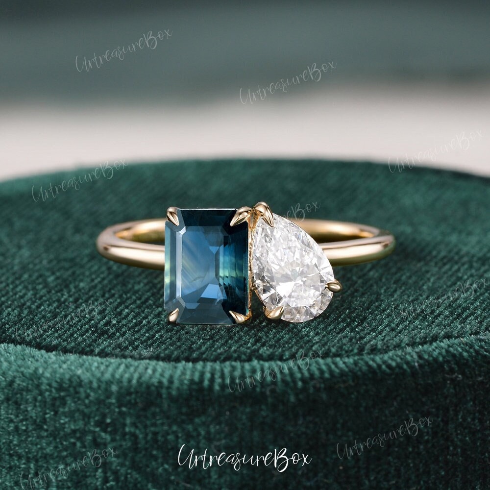 Teal Sapphire Diamond Toi Et Moi Engagement Ring Yellow Gold Pear Shaped Lab Grown Diamond Emerald Cut green Sapphire Two Stone Wedding Ring