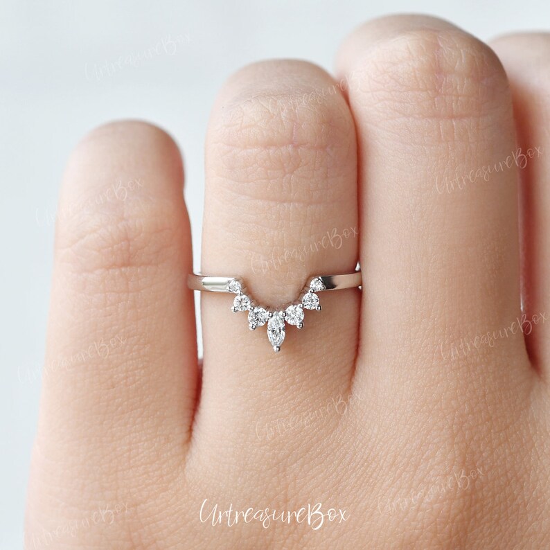 Wedding Band White Gold Moissanite Marquise Curved Wedding Band Women Diamond Wedding Band Matching Ring Stacking Ring Anniversary Gift