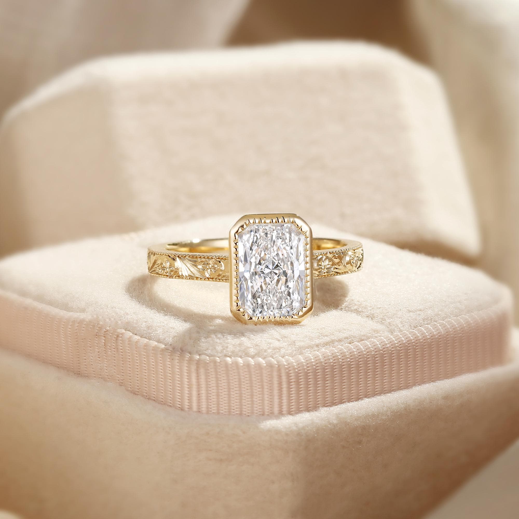Engraved Radiant Cut Lab Grown Diamond Engagement Ring Yellow Gold ...