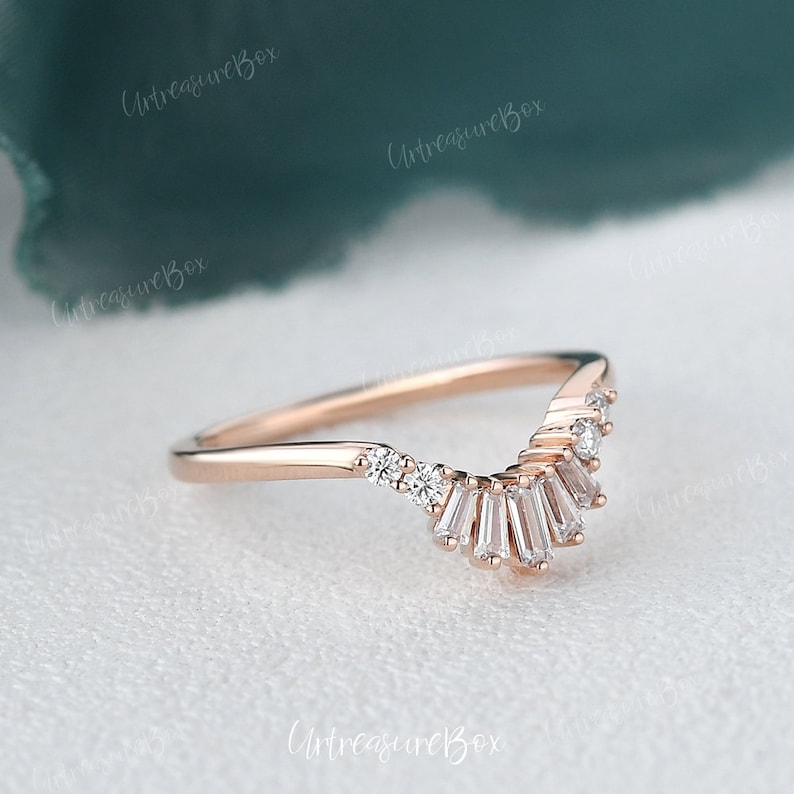 Baguette Curved Wedding Band Rose Gold Wedding Band Women Etsy