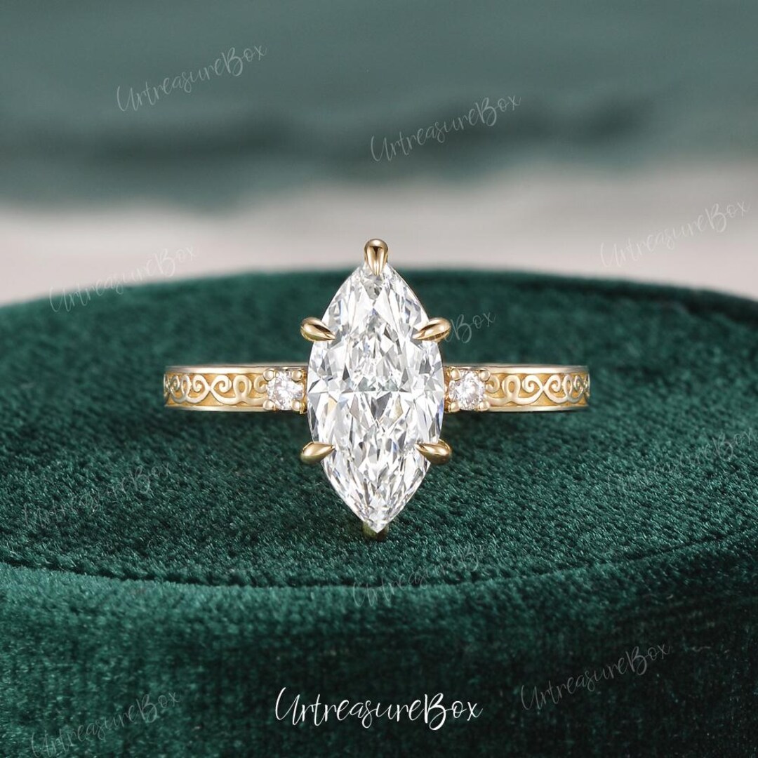 Engraved Marquise Cut Lab Grown Diamond Engagement Ring Yellow Gold IGI ...