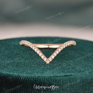 Diamond Pave Band V Shaped Wedding Band Rose Gold Ring Enhancer Moissanite Curved Wedding Band Chevron Classic Matching V Rings Custom Fit