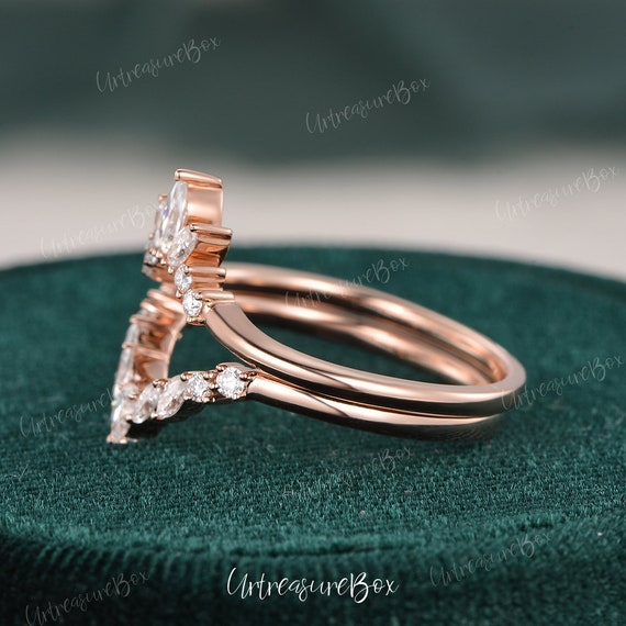 Custom Curved Matching Band Marquise Moissanite Wedding Band Antique Cluster Ring Guard Rose Gold Chevron Band Ring Enhancer Women Gift