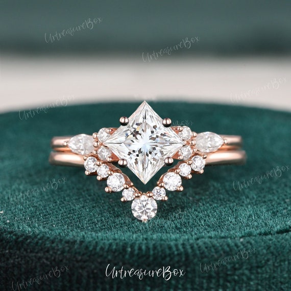 14K Gold Unique Princess Cut Moissanite Engagement Ring Set Stacking Bridal  Anniversary - gardensring