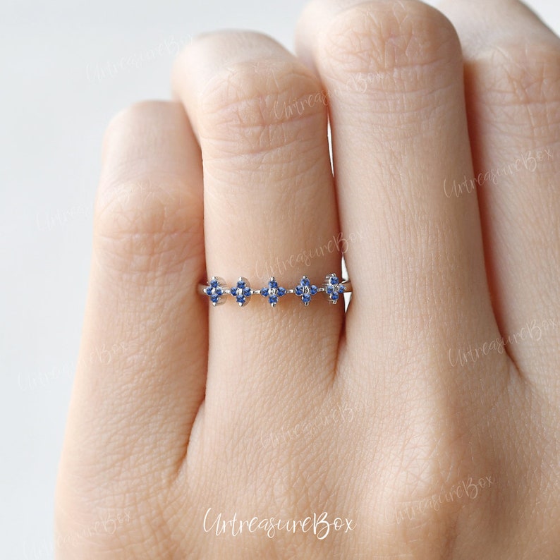 Lab Sapphire Floral Ring Sapphire Ring White Gold Wedding Ring Brilliant Ring Snow Floral Vine Ring Cluster Wedding Band Women Dainty Ring