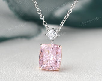5ct Pink Stimulated Diamond Necklace Cushion Pink CZ Two Stones White Gold Princess Cut Pendant Bridesmaid Necklace Anniversary Gift For Her