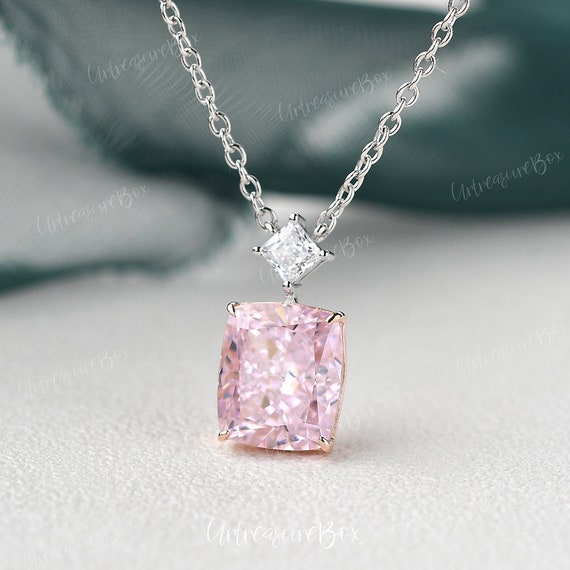 5ct Pink Stimulated Diamond Necklace Cushion Pink CZ Two -  Sweden