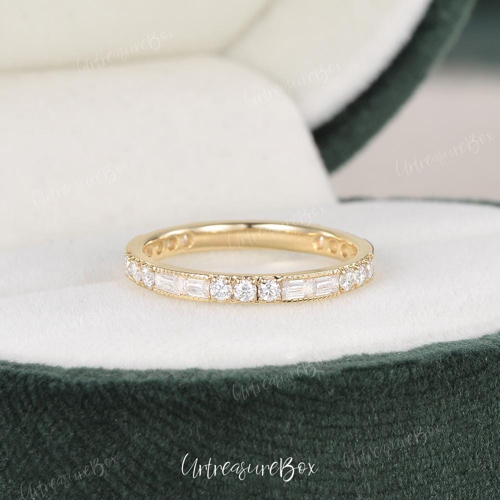 Baguette and Round Cut Moissanite Wedding Band Women Yellow Gold Art ...