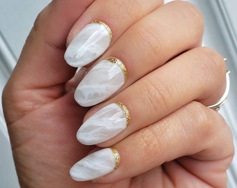 White marble & gold cuff | Luxury press on nails | marble press ons | Abstract Nails | Holiday Gifts | abstract nail art | Winter Nail art
