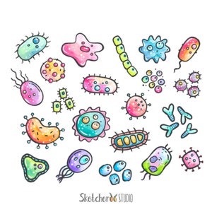 Könnte beinhalten: Ein Set mit 20 bunten Cartoon-Illustrationen verschiedener Bakterientypen. Die Bakterien sind in einem skurrilen Stil mit verschiedenen Formen, Größen und Farben gezeichnet. Die Illustrationen eignen sich perfekt für den Einsatz in Lehrmaterialien, Kinderbüchern oder als dekorative Elemente.